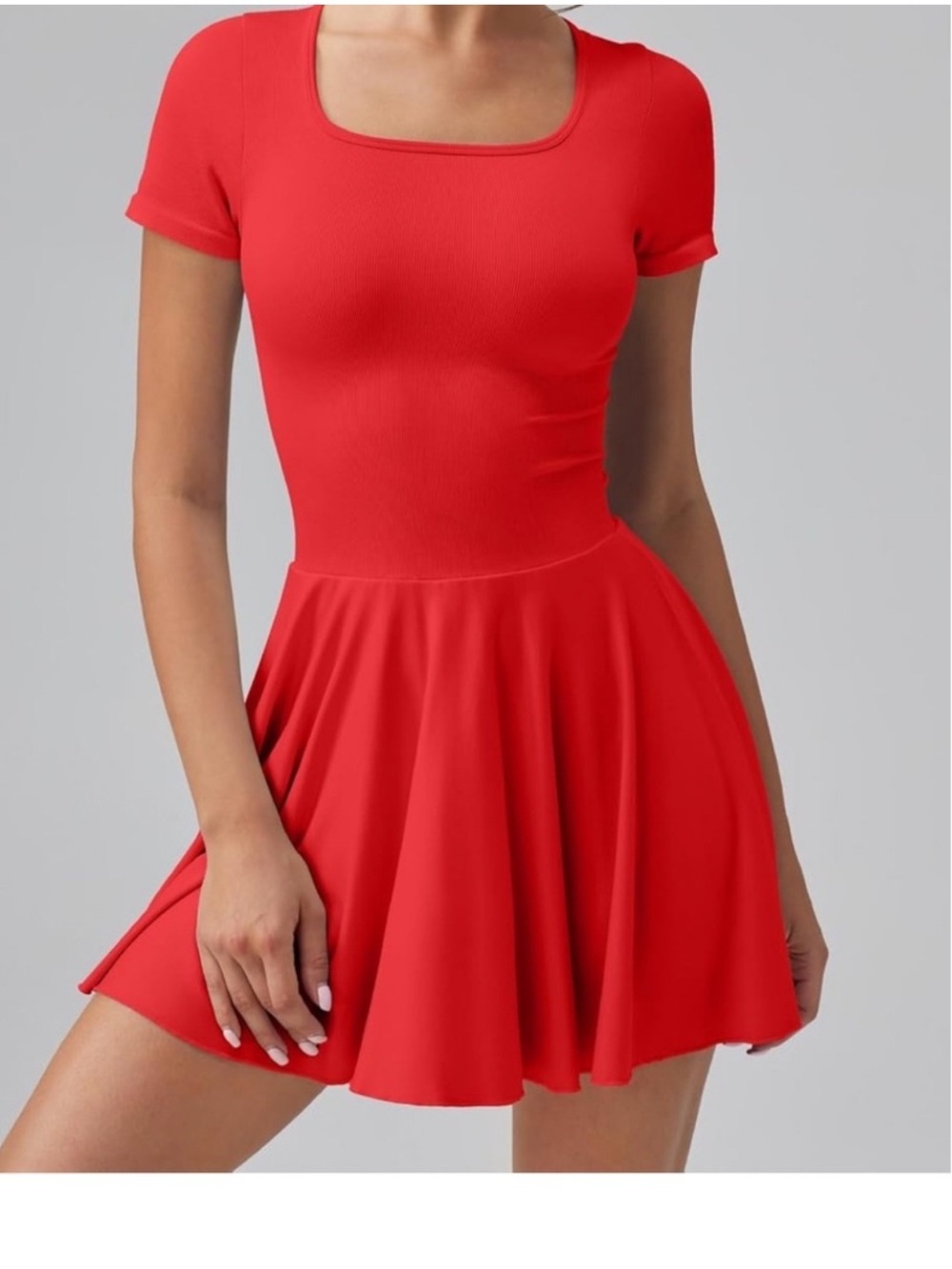 OQQ Red Square Neck Ribbed Short Sleeve Skater Dress Women' M casual training